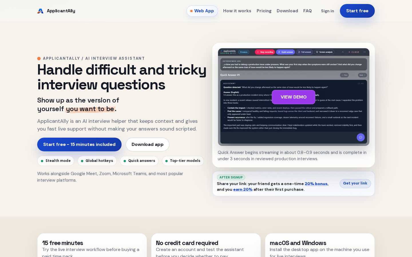 ApplicantAlly: An AI Interview Assistant That Sits Beside You, Not In Front of You